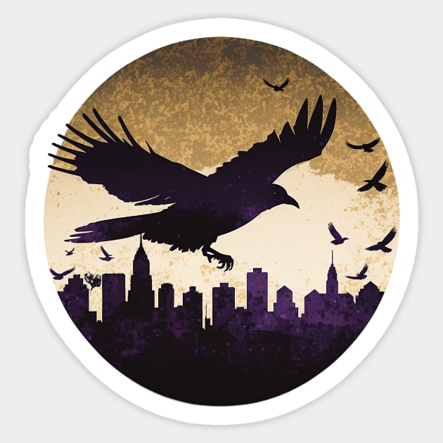 Raven over Baltimore Skyline T-Shirt: A Striking Cutout Tribute in Purple, Black, and Gold Sticker by 20th Century Tees